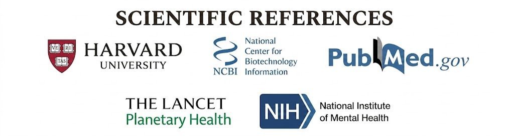 Scientific references graphic featuring Harvard University, NCBI, PubMed, The Lancet Planetary Health and NIH