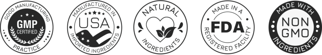Soda Peak Gummies quality badges showing GMP certification, USA manufacturing, natural ingredients, FDA registration and non-GMO ingredients